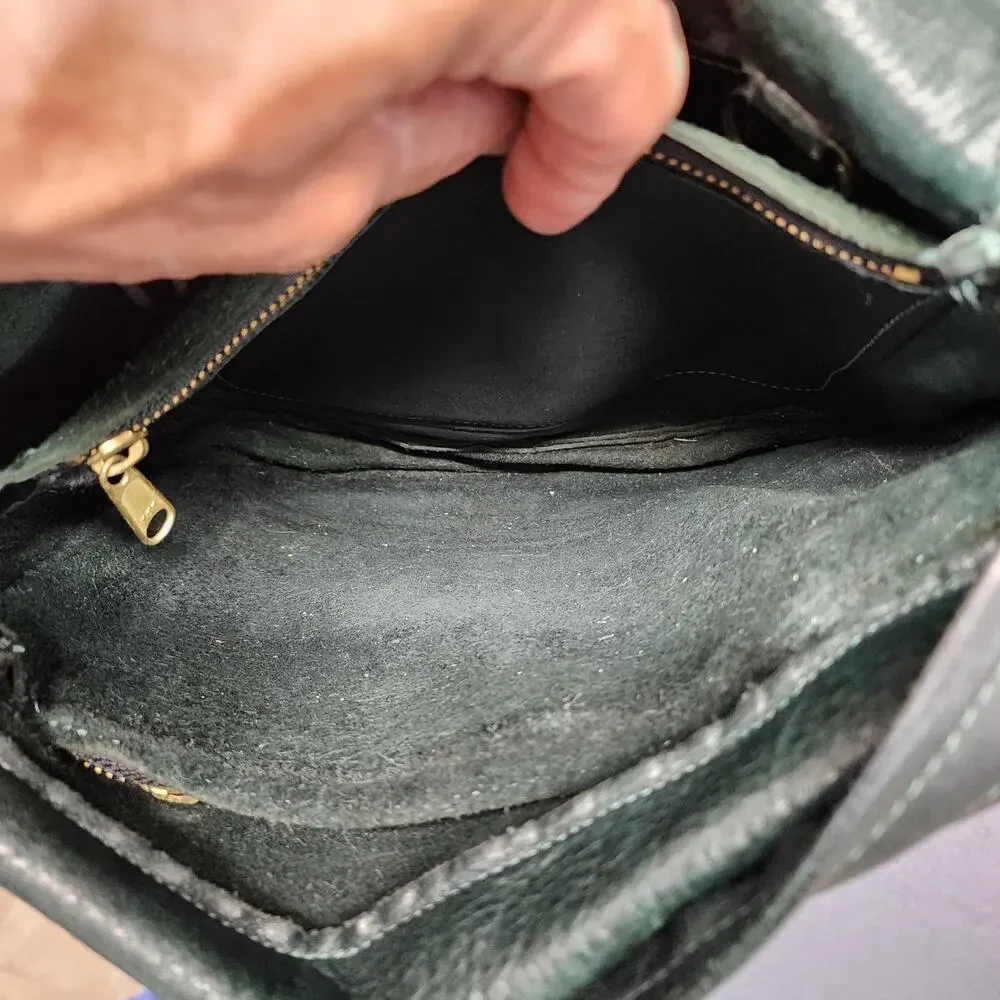Leather Shoulder Bag Womens Dark Green Flap Pocket Zip Compartments Medium Purse